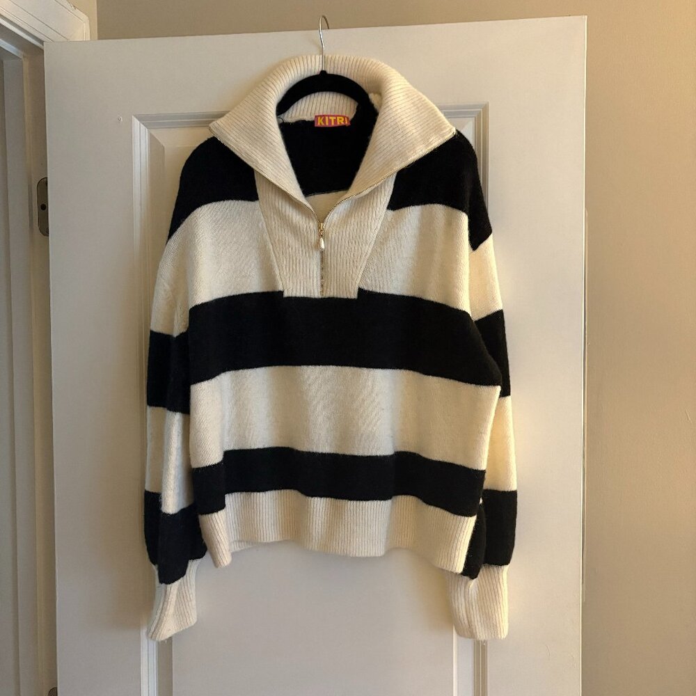 Kitri Lorna Black Striped Alpaca Blend Zip Collar Sweater Size Large